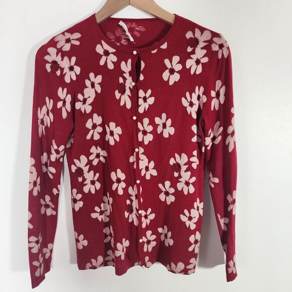 Carolina Herrera Red White Floral Cardigan Feminine Faux Pearl Buttons Silk XS - Picture 2 of 12